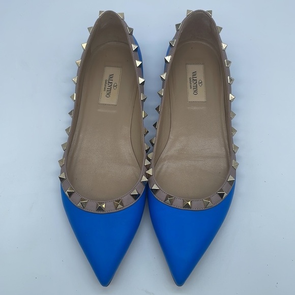 Valentino Garavani Blue leather beige trim Rockstud Ballerina flats 37.5 - Picture 2 of 12
